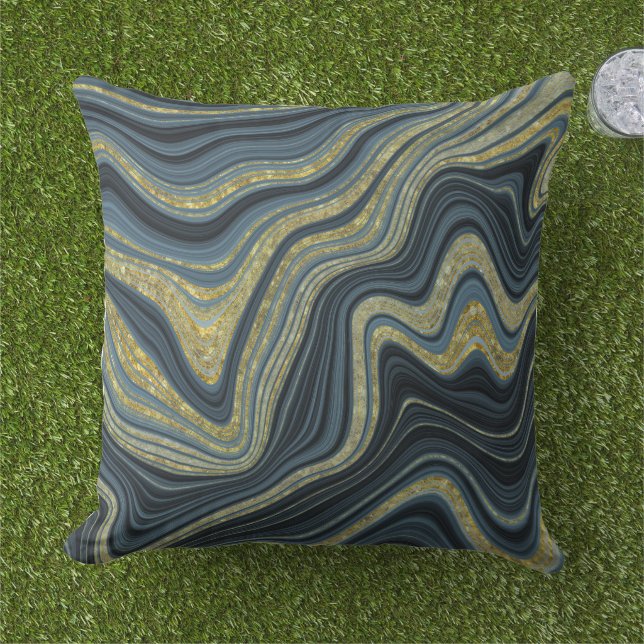 Dusty Blue Black and Gold Marble Look Pattern Outdoor Pillow (Grass)