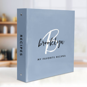 Dusty Blue Black and White Monogram Recipe Binder