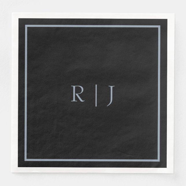 Dusty Blue Black Monogram Initials Wedding Trendy Napkin (Front)