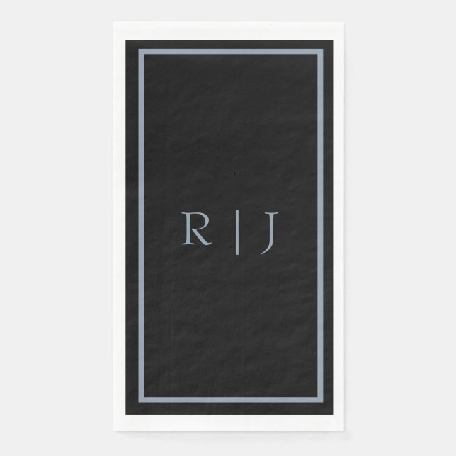 Dusty Blue Black Monogram Letters Initials Wedding Napkin (Front)
