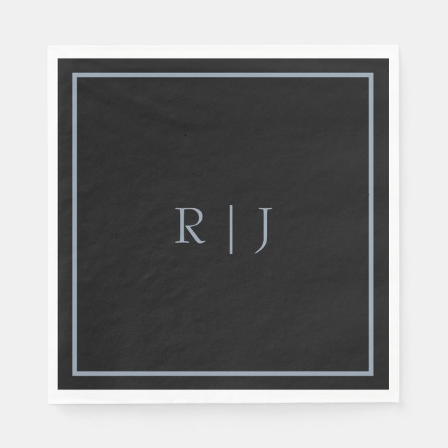 Dusty Blue Black Monogram Letters Initials Wedding Napkin (Front)