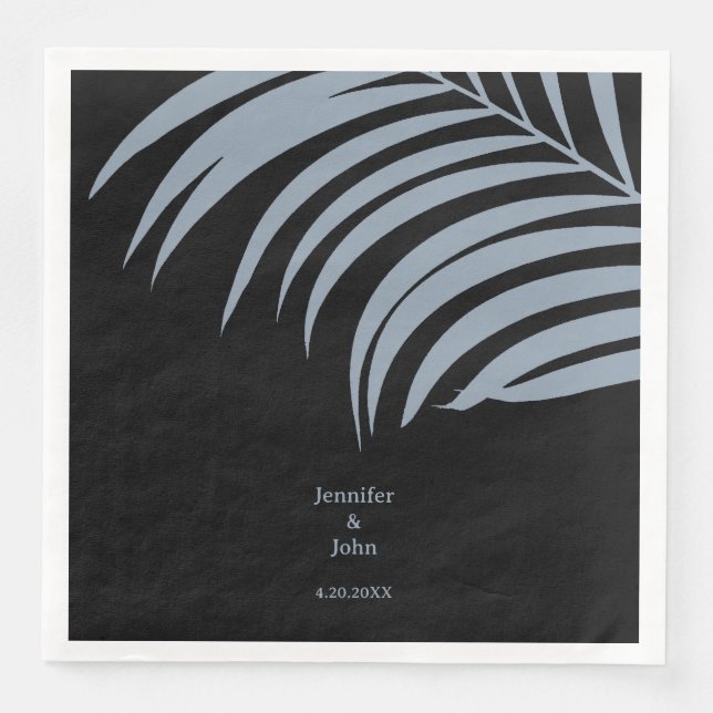 Dusty Blue Black Tropical Palm Leaves Wedding Napkin (Front)