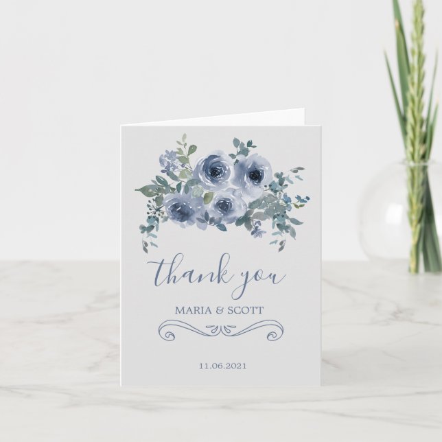 Dusty Blue Blanc Floral Mariage Carte de remerciem (Devant)