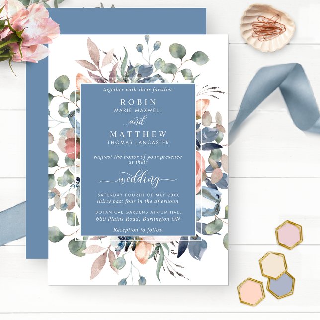 Dusty Blue Blissful Floral and Greenery Wedding Invitation (Creator Uploaded)