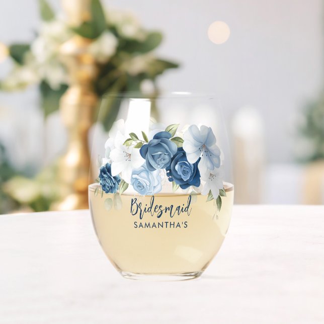 Dusty Blue Bloom Elegant Script Wedding Bridesmaid Stemless Wine Glass (Insitu (Wedding))