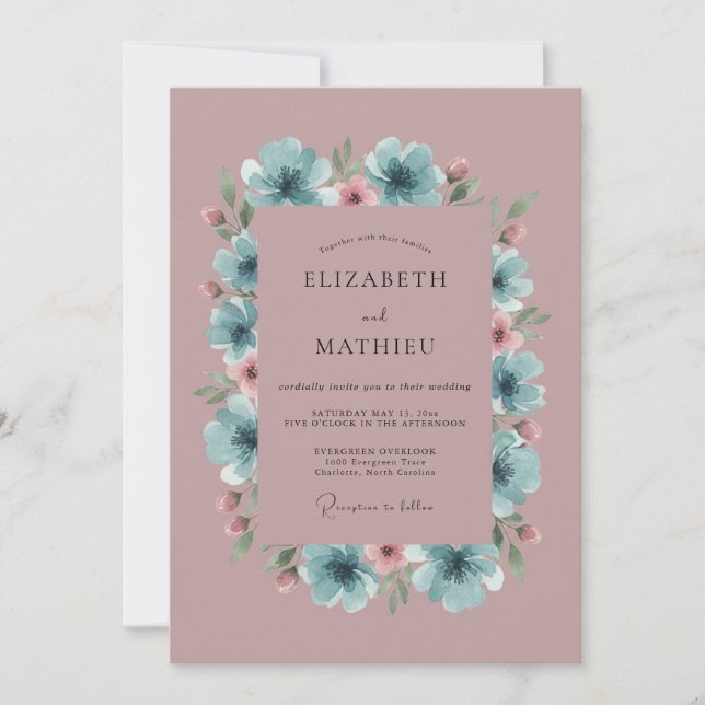 Dusty Blue Blossom Arch Wedding Invitation (Front)
