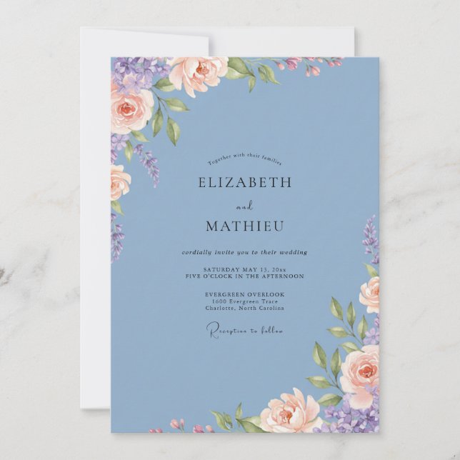 Dusty Blue Blossom Flourish Wedding Invitation (Front)