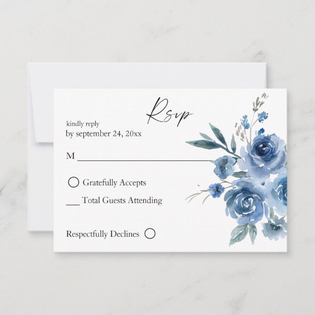 Dusty Blue & Blue Floral 2 no Meal  RSVP Card (Front)