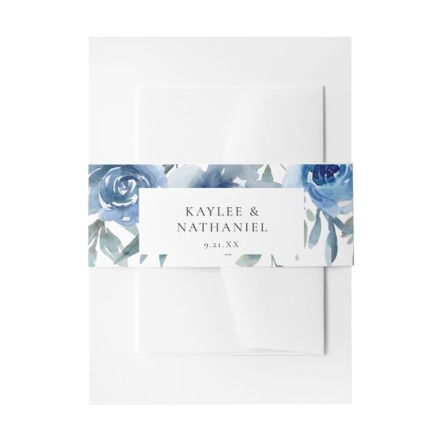 Dusty Blue & Blue Floral 5 Invitation Belly Band (Front Example)