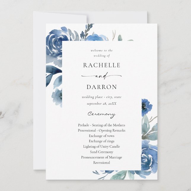 Dusty Blue & Blue Floral Mariage programme de céré (Devant)