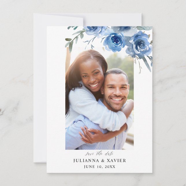 Dusty Blue & Blue Floral Save The Date Photo 2B (Front)