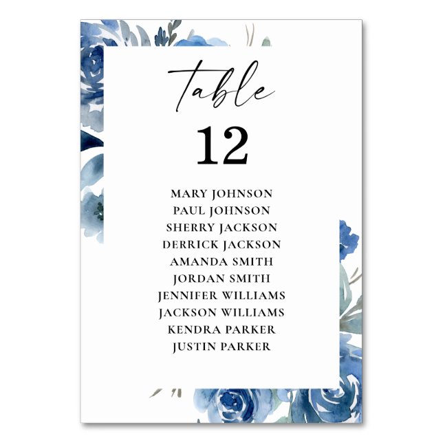 Dusty Blue &Blue Floral Table Number Seating Chart (Front)