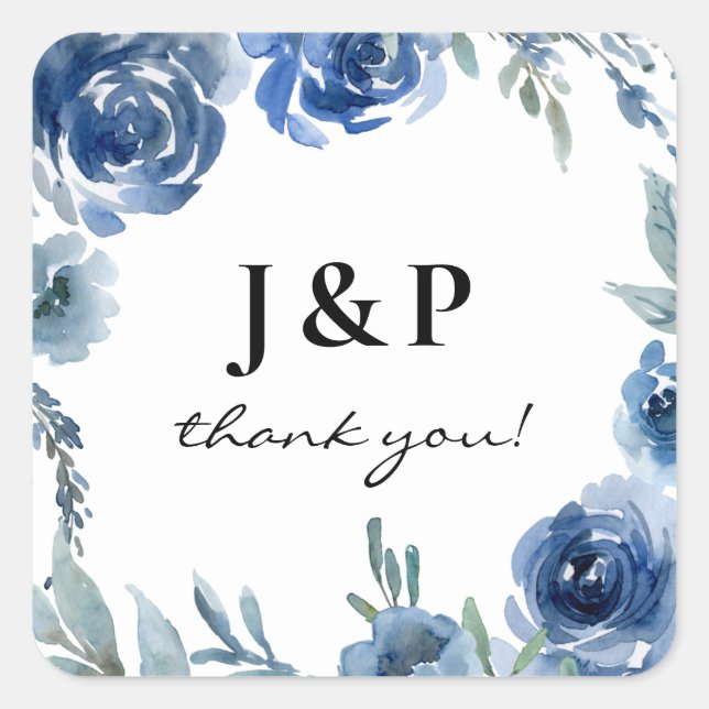 Dusty Blue & Blue Floral Thank You Monogram -  Square Sticker (Front)