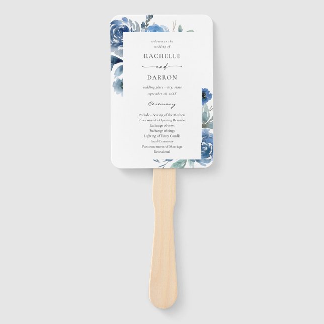 Dusty Blue & Blue Floral Wedding Program Hand Fan (Front)
