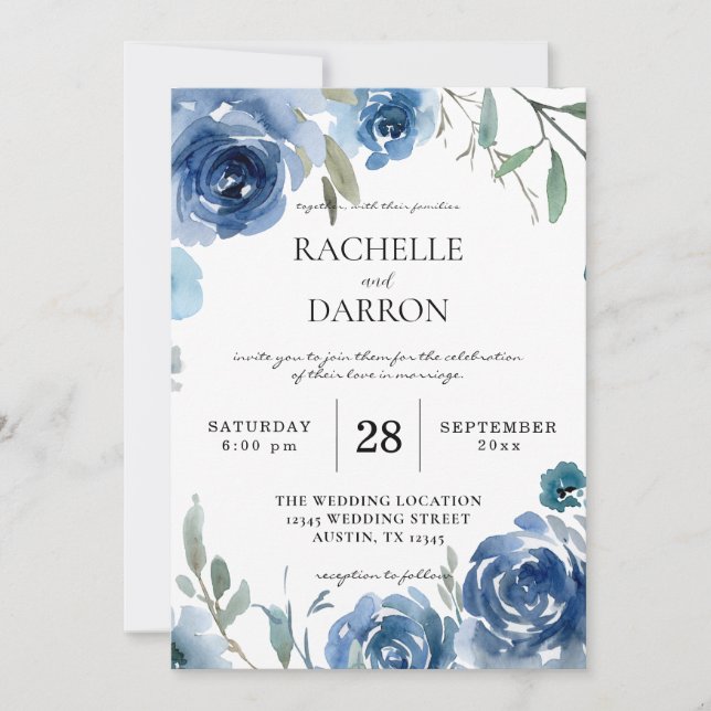 Dusty Blue & Blue Floral Wedding V2 Invitation (Front)