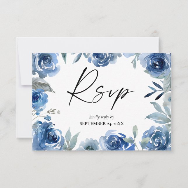 Dusty Blue & Blue Floral with Meal RSVP Card (Front)