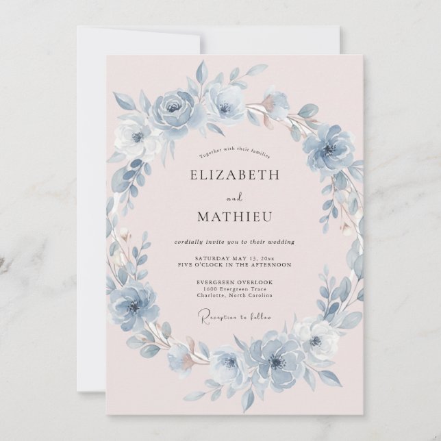Dusty Blue Blush Airy Wedding Invitation (Front)