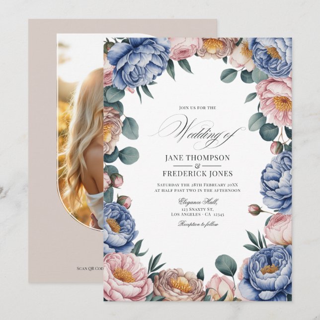 Dusty Blue, Blush, and Warm Taupe Floral Wedding Invitation (Front/Back)