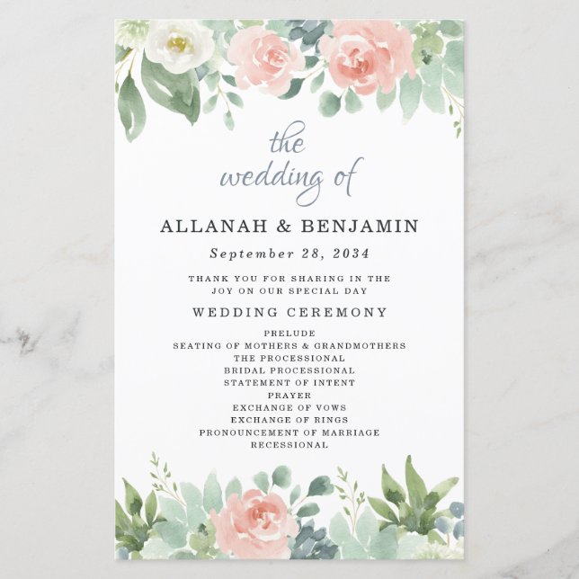 Dusty Blue Blush Floral Garden Programmes de maria (Devant)