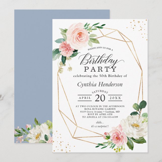 Dusty Blue Blush Floral Geometric Birthday Party Invitation (Front/Back)