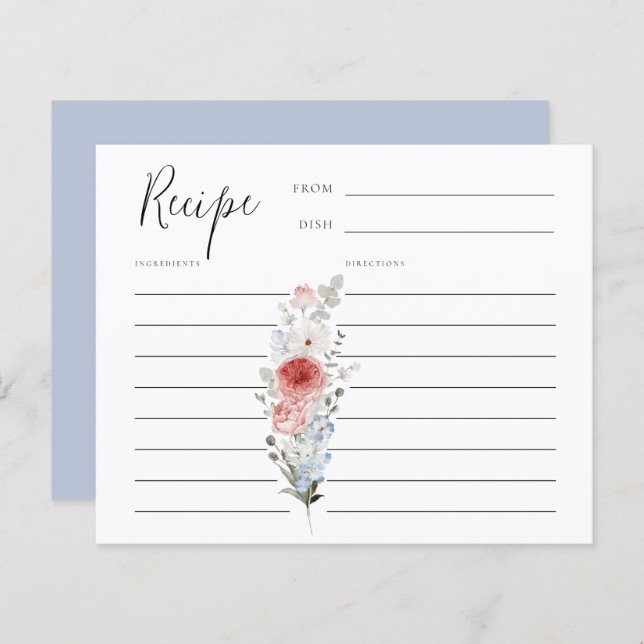 Dusty Blue Blush Floral Recipe Card (Front/Back)