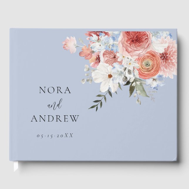 Dusty Blue Blush Floral Wedding Guest Book (Front)
