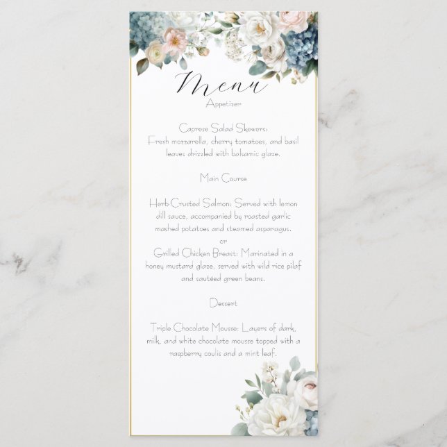 Dusty Blue & Blush Floral Wedding Menu Card  (Front)