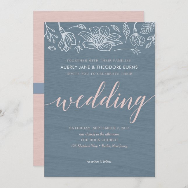 Dusty Blue & Blush Flowers Wedding Invitation Card (Front/Back)