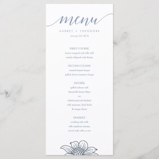 Dusty Blue & Blush Flowers Wedding Menu - Light (Front)