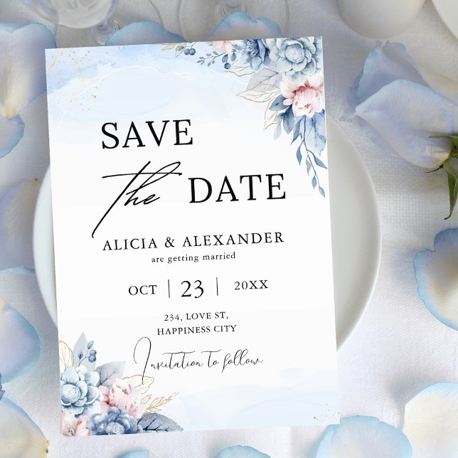 Dusty Blue Blush Gold Floral Save the Date  Invitation (Dusty Blue Blush Gold Floral Save the Date Invitation)
