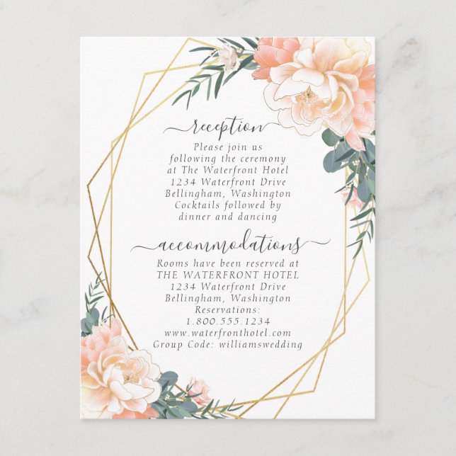 Dusty Blue Blush Peach Floral Gold Wedding Details Enclosure Card (Front)