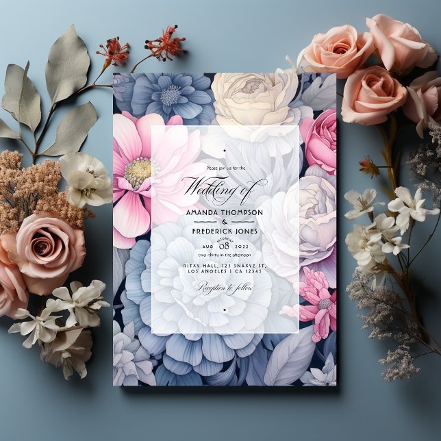 Dusty Blue, Blush Pink and Silver Floral Wedding Invitation (Creator Uploaded)