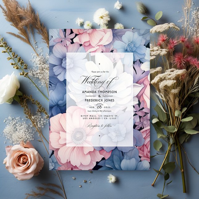 Dusty Blue, Blush Pink and Silver Floral Wedding Invitation (Creator Uploaded)