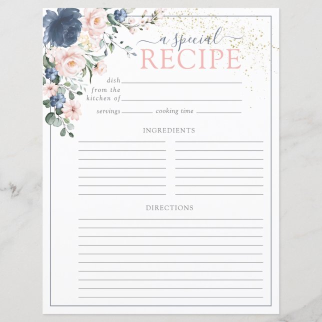 Dusty Blue Blush Pink Bridal Shower Recipe Page (Front)