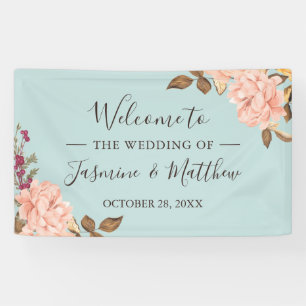 Dusty Blue Blush Pink Elegant Floral Wedding Party Banner