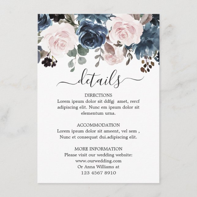 Dusty Blue Blush Pink Floral Botanical Wedding Enclosure Card (Front)