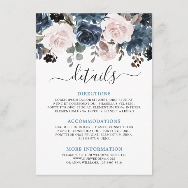 Dusty Blue Blush Pink Floral Botanical Wedding Enclosure Card (Front)