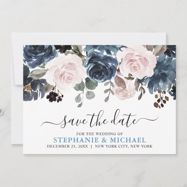 Dusty Blue Blush Pink Floral Botanical Wedding Save The Date (Front)