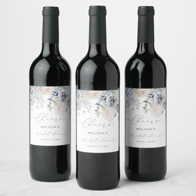 Dusty Blue & Blush Pink Floral Bridal Shower Wine Label (Bottles)