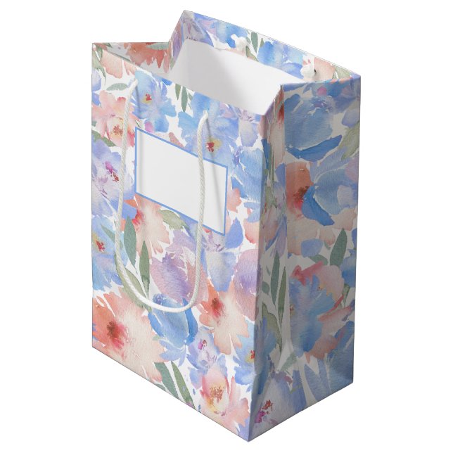 Dusty Blue Blush Pink Floral Gift Bag (Front Angled)
