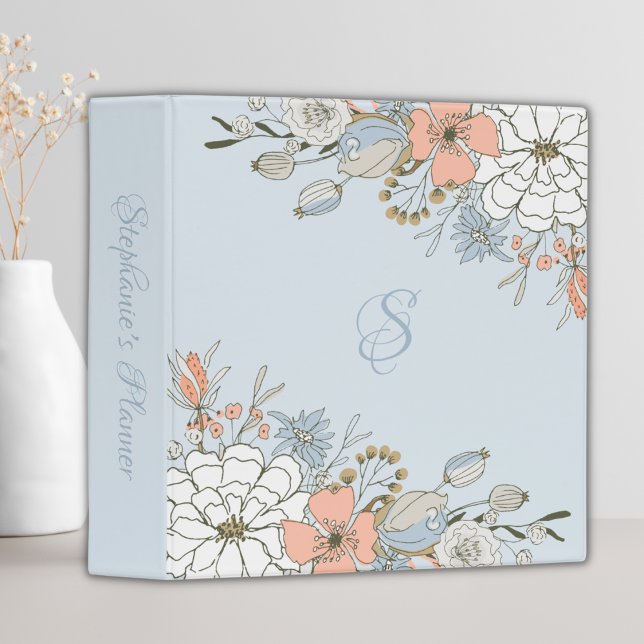 Dusty Blue Blush Pink Floral Monogram Personalized Binder (Creator Uploaded)