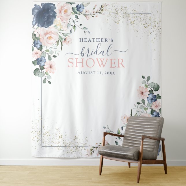 Dusty Blue Blush Pink Floral Shower Photo Booth Tapestry (In Situ)