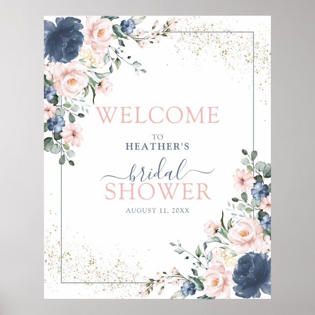 Dusty Blue Blush Pink Floral Shower Welcome Poster (Front)