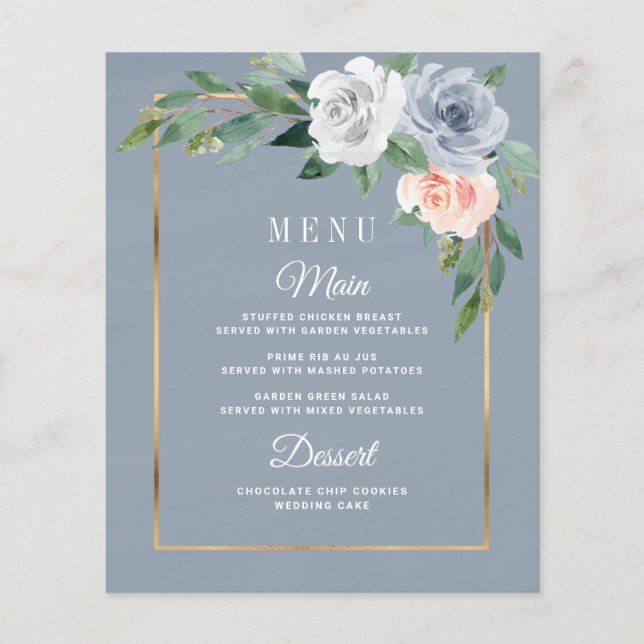 Dusty Blue Blush Pink Floral Wedding Menu Cards (Front)