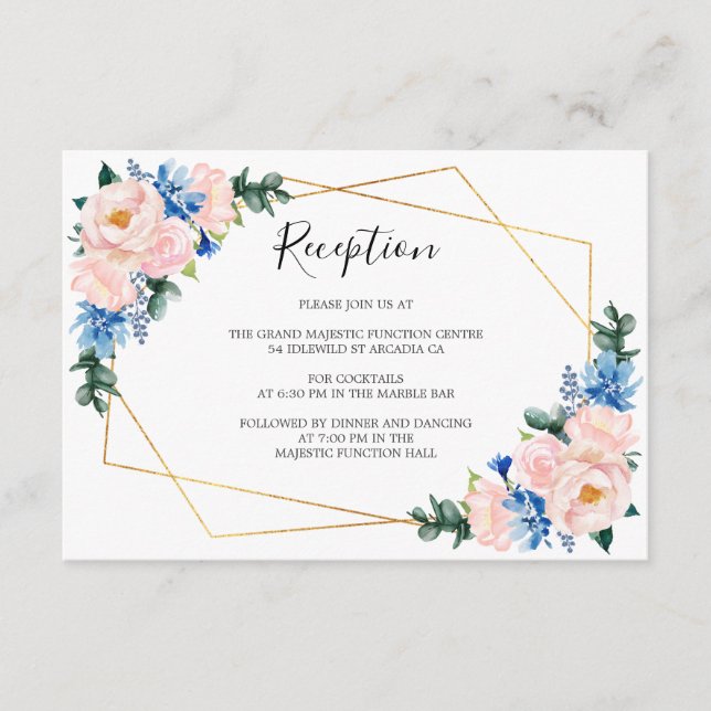 Dusty Blue Blush Pink Geometric Floral Reception Enclosure Card (Front)