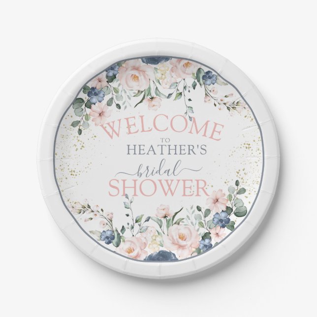 Dusty Blue Blush Pink Gold Floral Bridal Shower Paper Plate (Front)