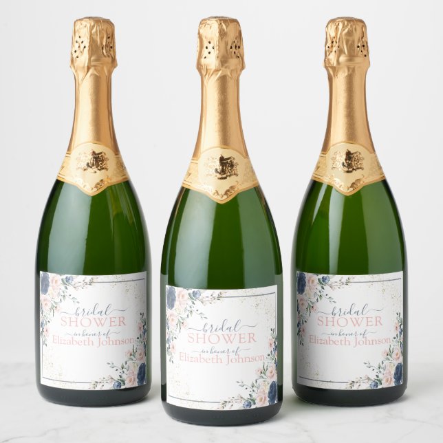 Dusty Blue Blush Pink Gold Floral Bridal Shower Sparkling Wine Label (Bottles)