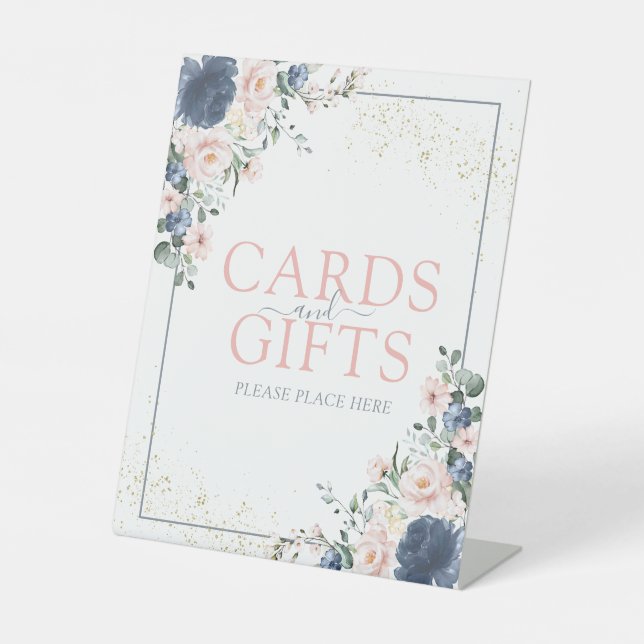 Dusty Blue Blush Pink Gold Floral Cards & Gifts Pedestal Sign (Front)