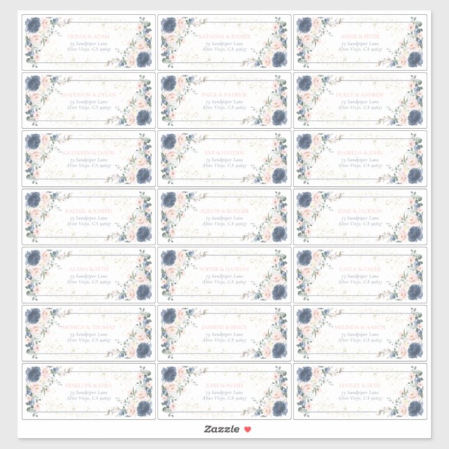 Dusty Blue Blush Pink Gold Floral Guest Address (Sheet)