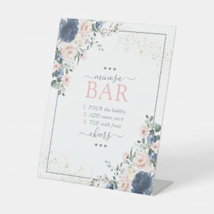 Dusty Blue Blush Pink Gold Floral Minosa Bar Pedestal Sign